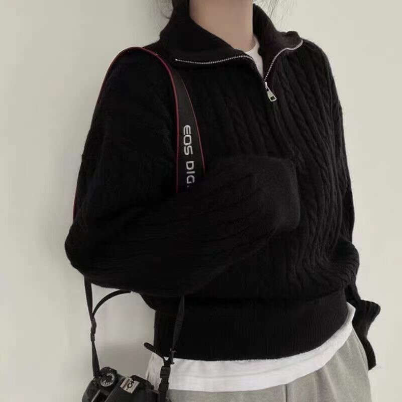 Korean lapel Fried Dough Twists half zip knitted sweater women's autumn and winter new style retro lazy short pullover top