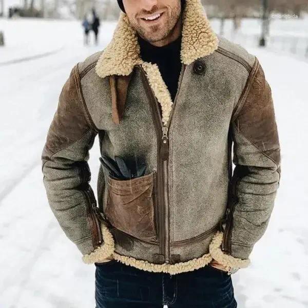 Mens Jackets Winter Thick Jacket Warm Faux Leather Coats Fashion Turn Down Collar Contrasting Color Man Suede Fur One-Piece