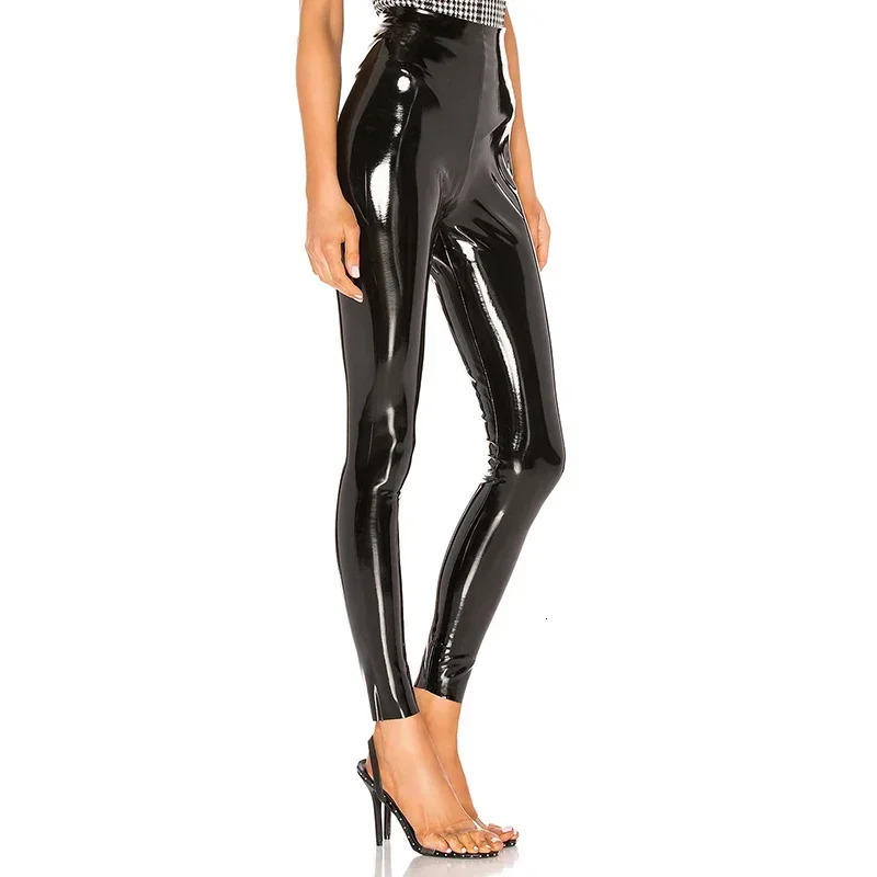 Womens shiny PU leather black PVC pants ultrathin 4XL sexy long legs latex elastic high waist tight summer 241209