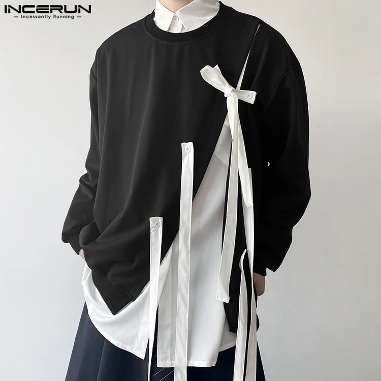 INCERUN Tops Korean Style Fashion Men Oneck Bow Ribbon n Sweater Casual Streetwear Solid Long Sleeved Pullovers S3XL 241209