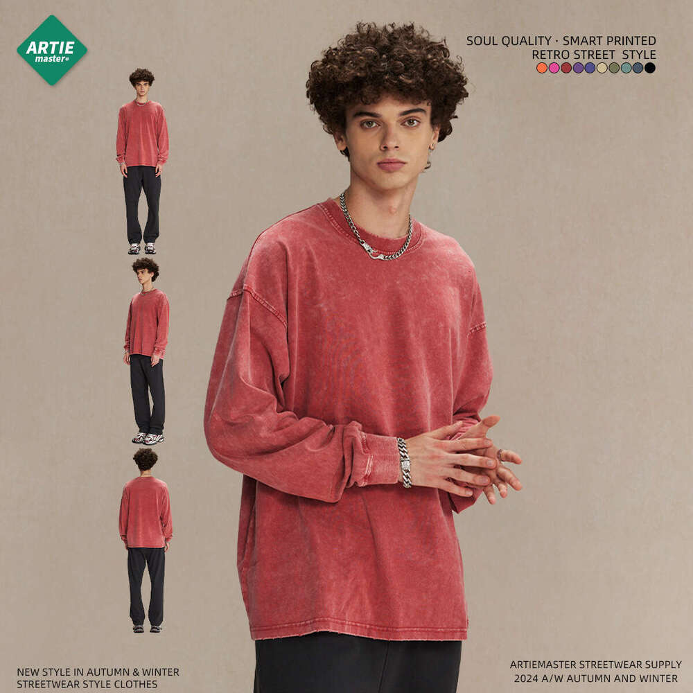 2024 Autumn/Winter New Trendy Brand Heavy Weight 275g Retro Wax Printing Water Washed Sleeve T-shirt Men's Round Neck Couple Top Long T