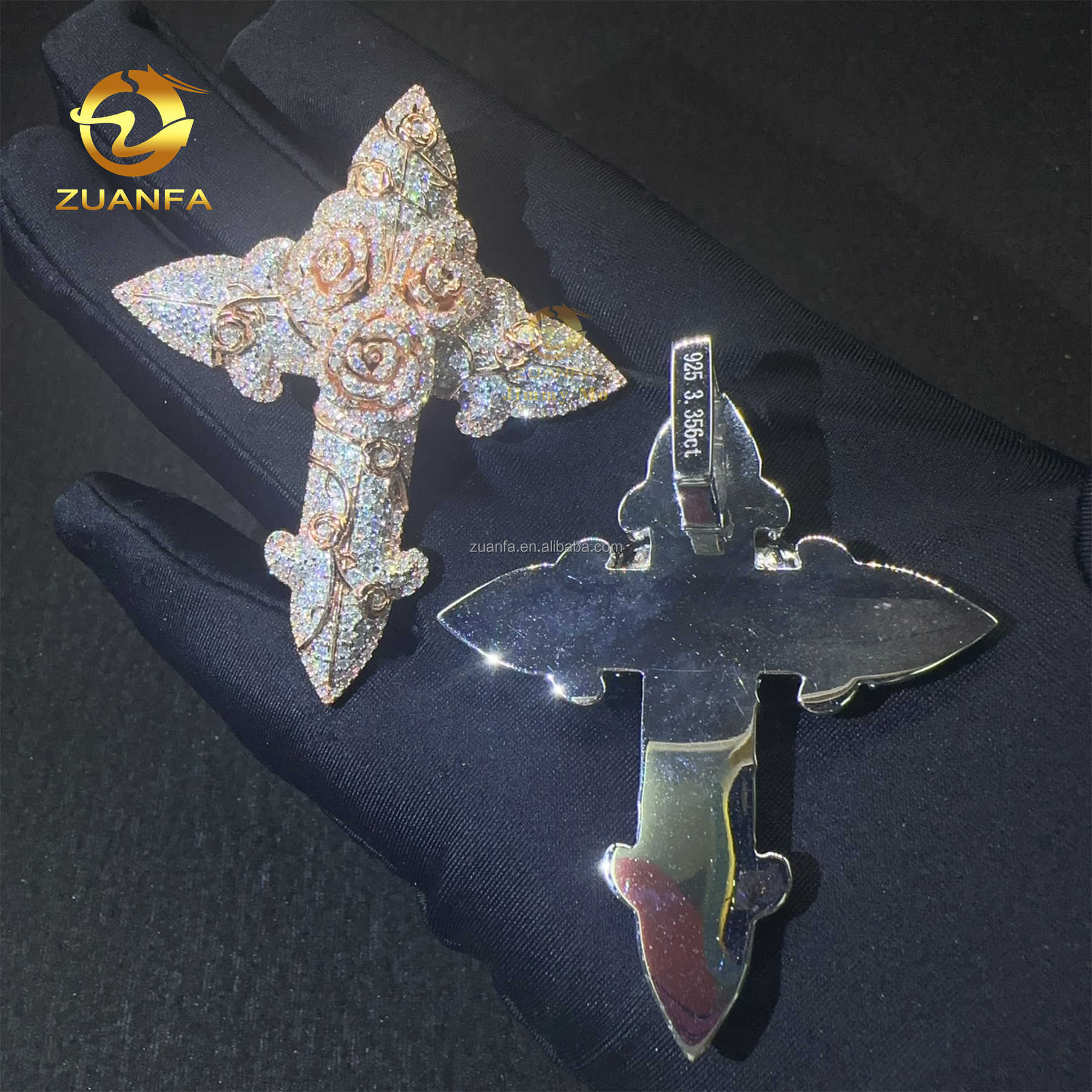 In Stock Fashion Man Jewelry Rose Gold Color Hip Hop Pendant S925 VVS1 Moissanite Diamond Rose Flower Cross Pendant Necklace Set