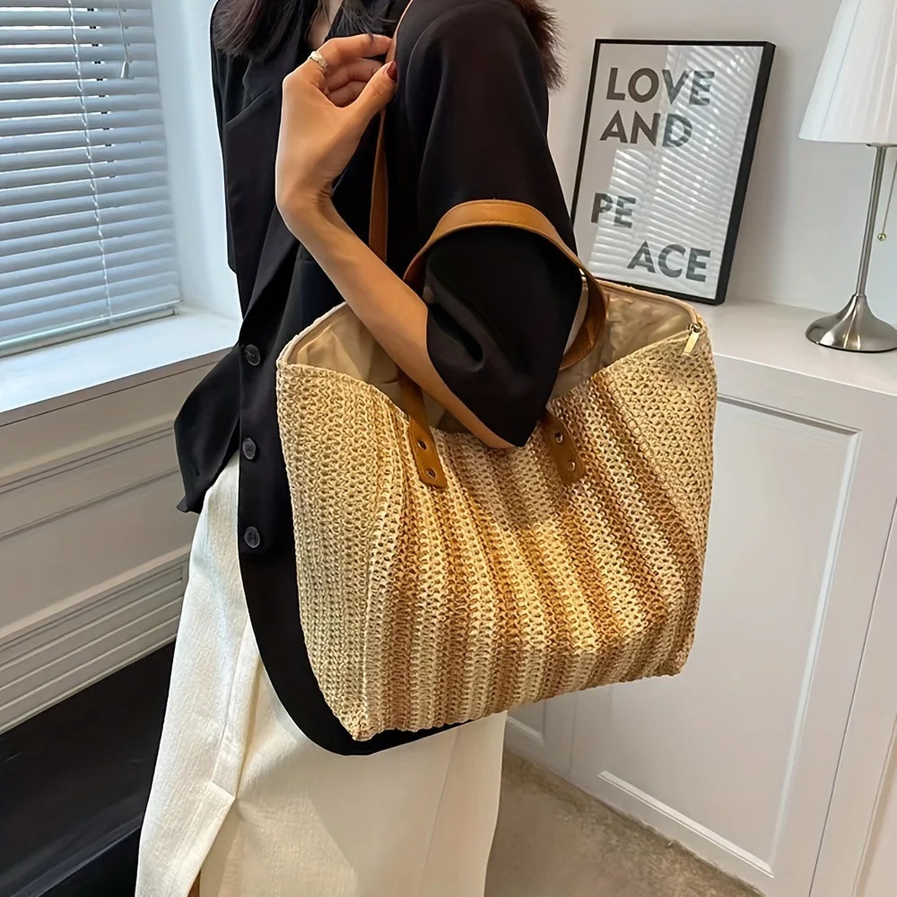 Womens Classic Straw Bag Summer Beach Shoulder Bag Womens Straw Bag Handbag Leather Shoulder Strap Hand Woven Wallet and Handbag 241205