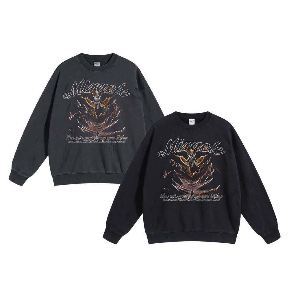 2024 Autumn 430g Grinding Edge Broken Hole Washed Water Printed Round Neck Men's Street Trendy Brand Making Old Thin Sweatshirt for Men