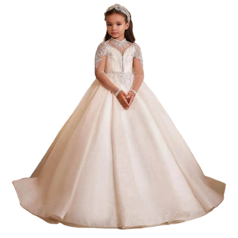 Lace Apliques wer Girls Dresses Long Sleeves Childrens First Communion Pageant Princess Wedding Party Dress Kids Formal wear Court Train