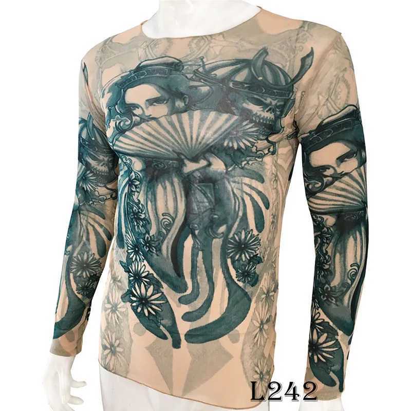 Interesting long sleeved fake tattoo T-shirt full print mens art shirt elastic slim fit pattern thin Halloween mens clothing W241210