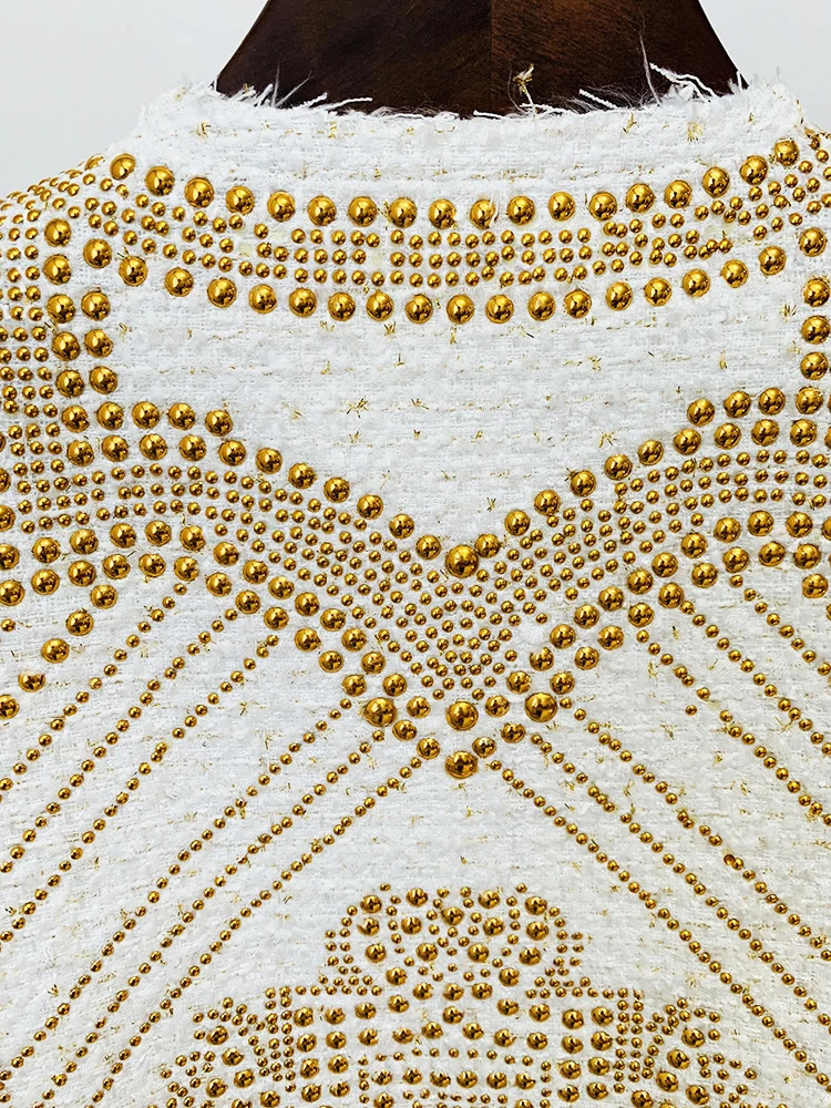 HIGH STREET est FW ner Fashion Women Stunning Metal Rivet Beaded Tweed Jacket 241209