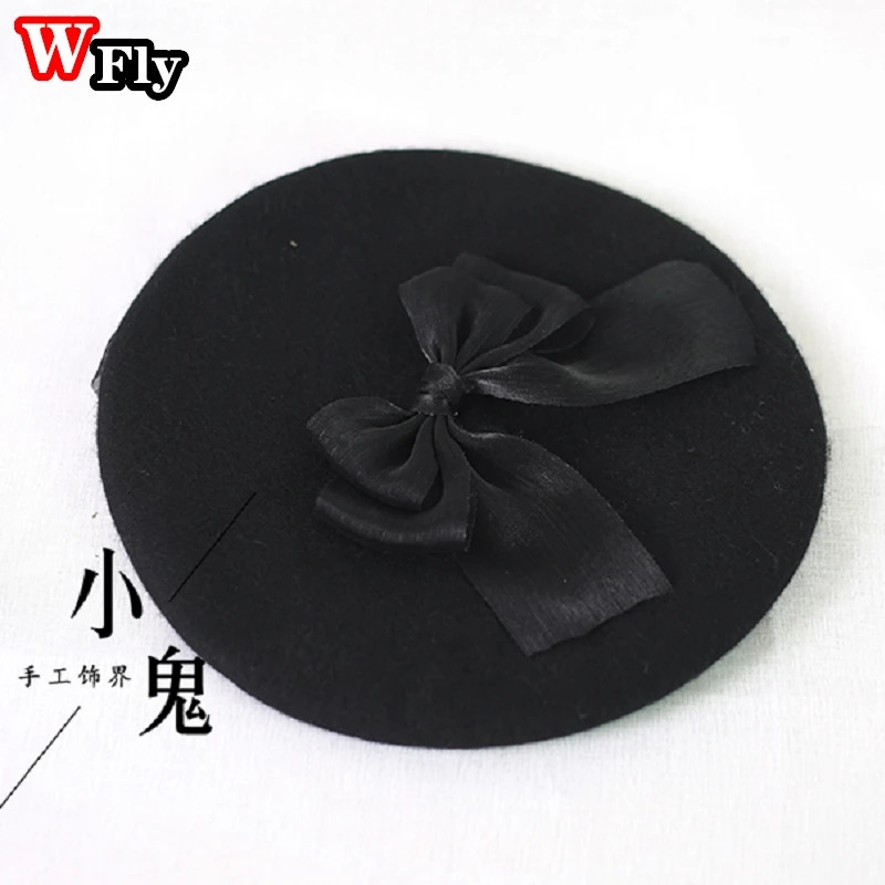 Japanese Harajuku Womens Lace Bow Beret Sweet Lolita Wool Beret Beanie Artist Hat Womens Winter Warm Hat 241209