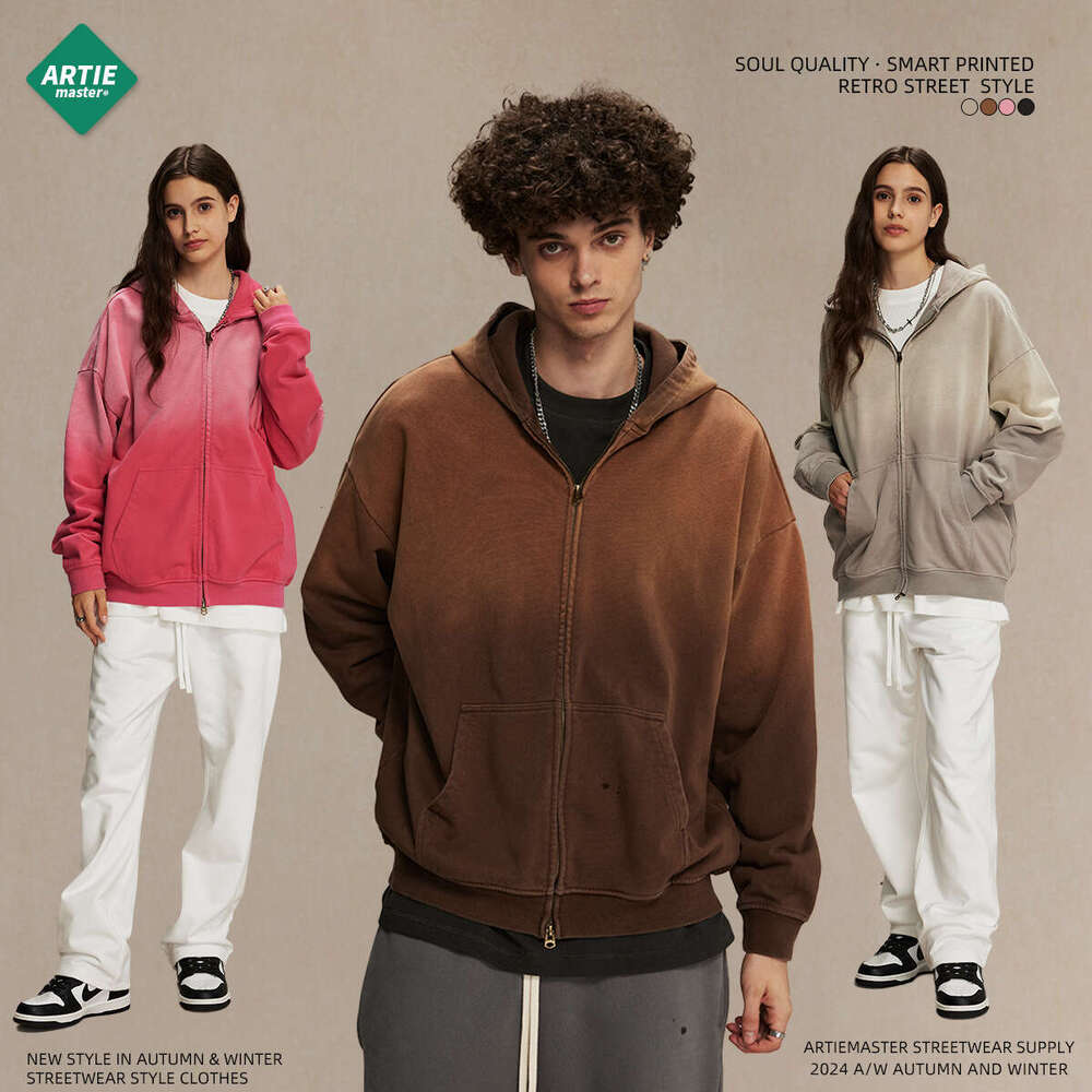 2024 Autumn/Winter Trendy Brand Spray Dyeing Used Zipper Hoodie Washed Retro Cardigan Men's and Women's Jacket