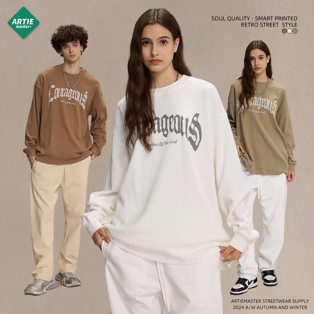 2024 Autumn/Winter New Product Breathable Waffle 330g Printed Sleeve T-shirt for American Trendy Brand Loose Casual Men's Long T