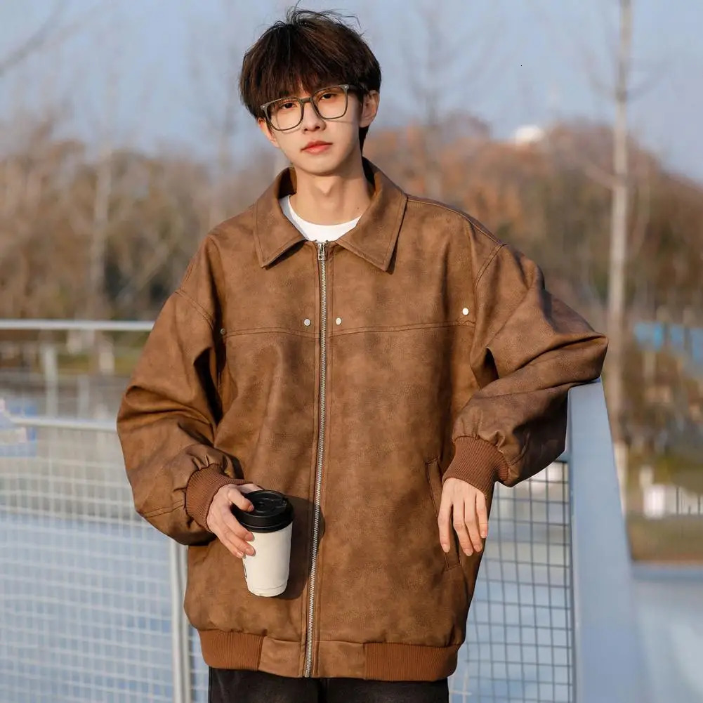 2024 Retro Mens Jacket Maillard Brown Leather Handsome American Style High Street Zipper Windbreaker 241202