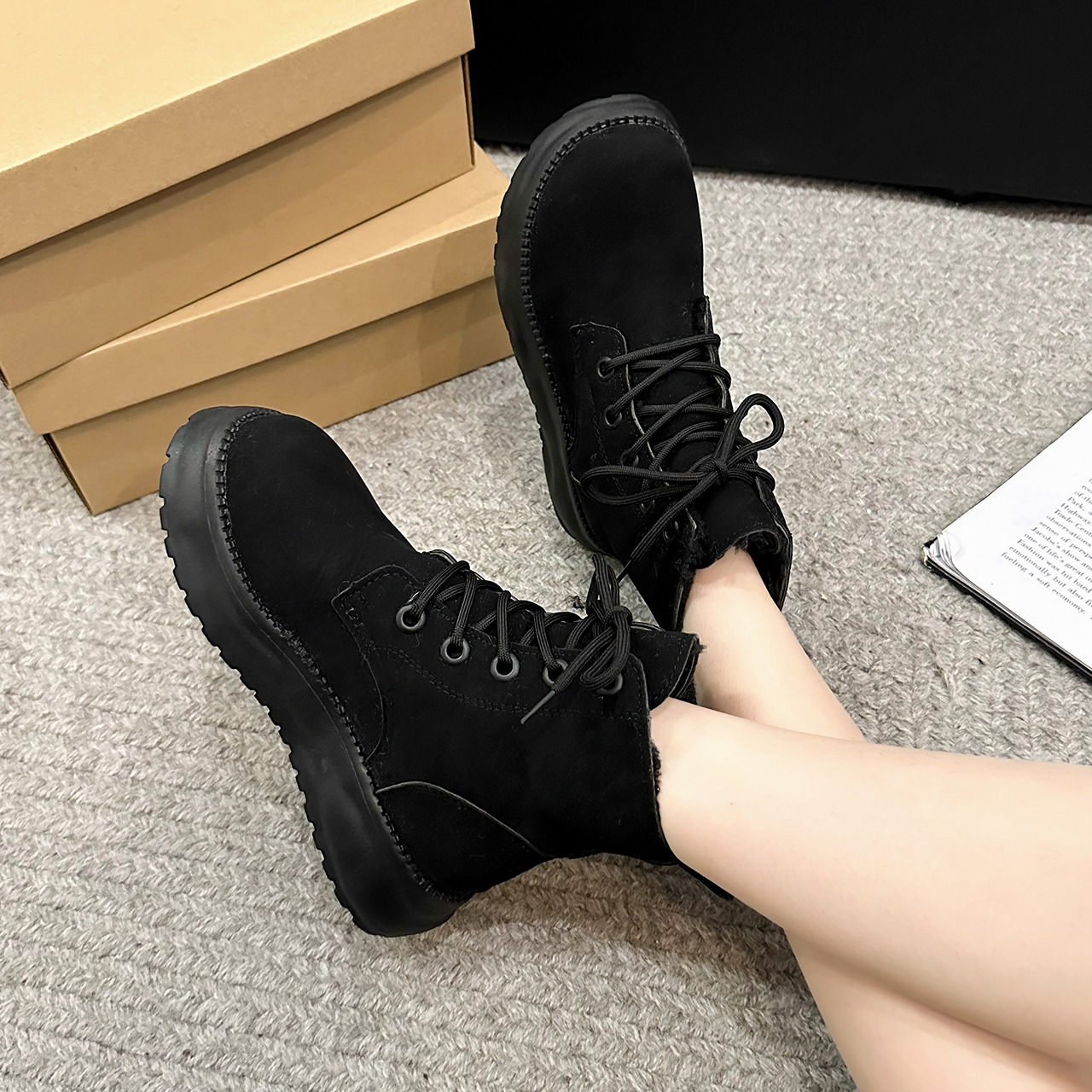 Women Boots:Flat Bottom hot Fleece Short Boots Winter Warm Anti-slip British Style Cotton Boots, Black/Khaki,Free shipping