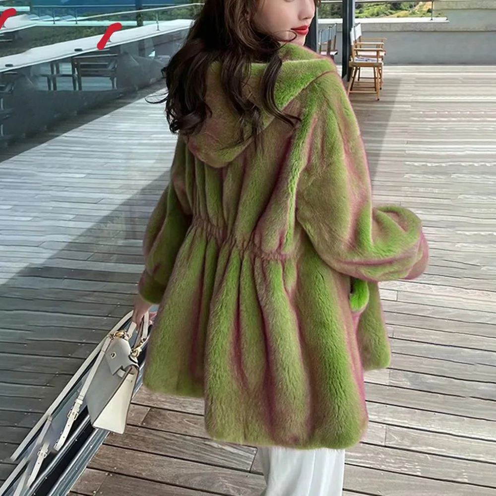 Online celebrity explosion faux fur fashion hooded coat temperature womens winter goddess casual color loose mink coat 241202
