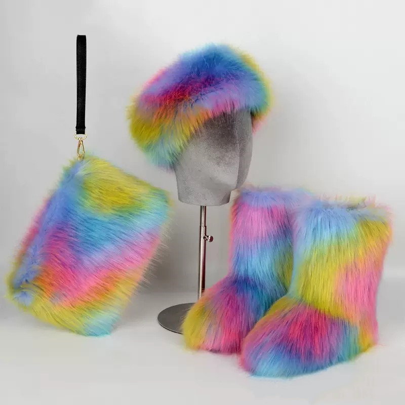 Y2K furry sets Winter Fluffy Snow Boots For Women Faux Fur Ankle Furry Plush Shoe Flat Heel Boot Lady Bag Headband Set