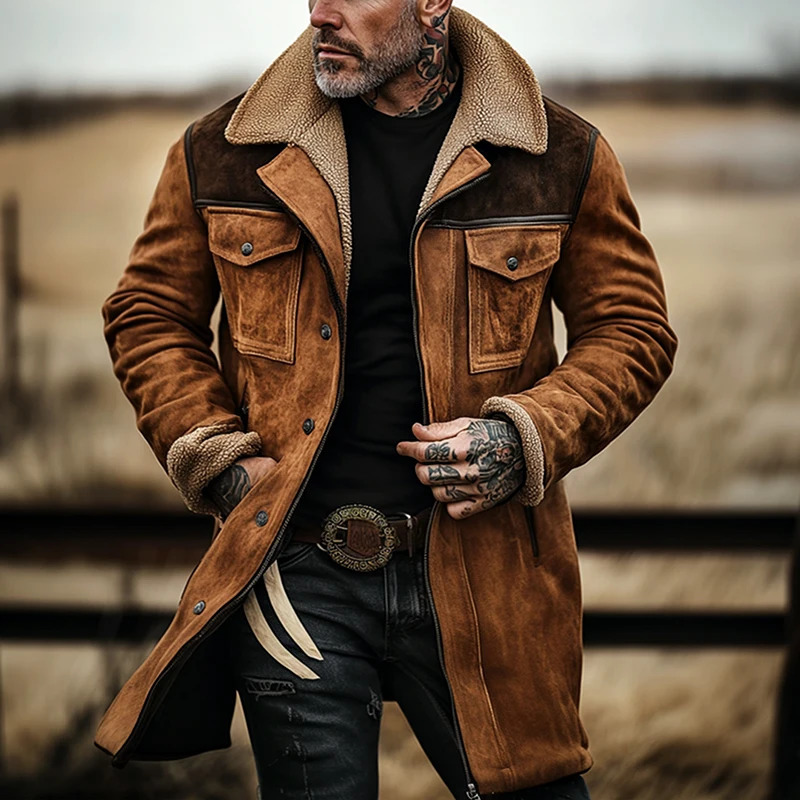 Classic Patchwork Lapel Wool Long Coats Men Vintage Turndown Collar Buttoned Jacket Coat For Mens Winter Casual Loose Outerwear 241209