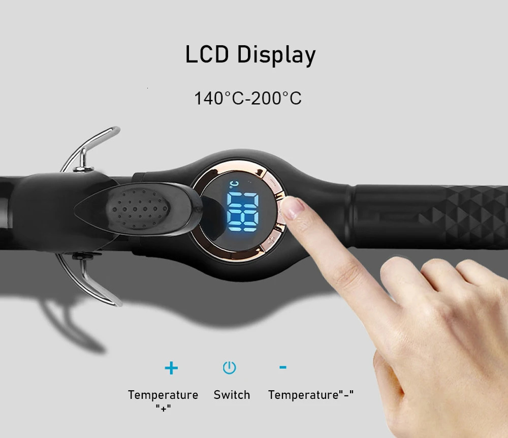 Professional Curling Iron Wand LCD Temp Display Ceramic Instant Heating Hair Curler 9/13/25mm Barrel 200°C Salon Styling Tools 241209
