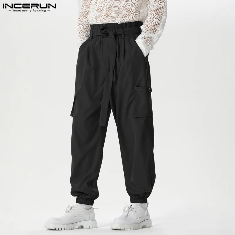 INCERUN Men Cargo Pants Solid Joggers Elastic Waist Trousers Men With Belt Streetwear Loose 2024 Fashion Casual Pantalon S-5XL 241209