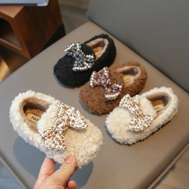 2023 Spring and Autumn Bow Floral Print Girls Cotton Shoes Plush Warm Pearls Children Fashion Shoes French Sle Kids Flats NewXJ241209