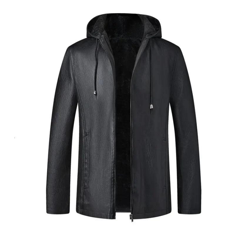 Winter highend mens hooded leather jacket waterproof and windproof plush insulated clothing 241209