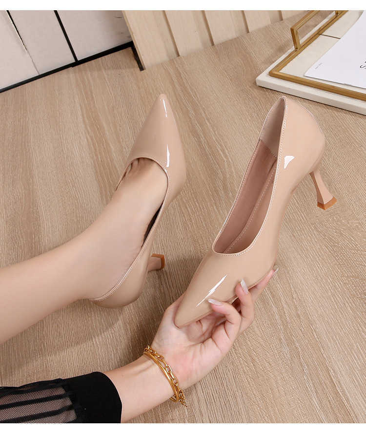 Heels red bottomed shoes Black high for womens professional slim heels pointed formal wear versatile spring and autumn new style patent leather soft s