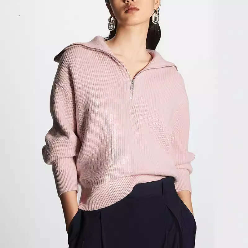 Autumn winter European and American women's clothing new open neck knitted retro striped loose commuting zipper big lapel pullover sweater