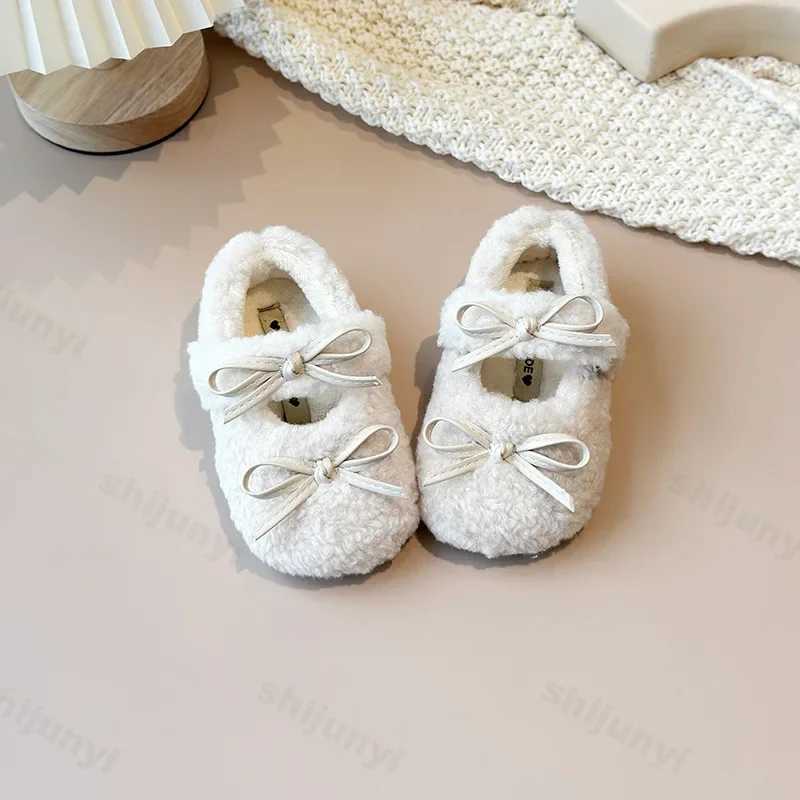 New 2025 Winter Children Fashion Bowknot Flat Shoes Fur Cover Toe Light Warm Kids Casual Shoe Plush Non-slip Comfy Girls ShoesXJ241209