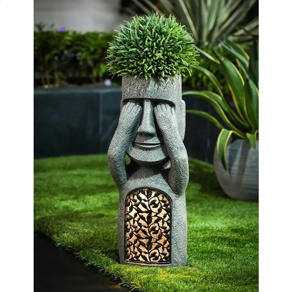 See Hear Speak No Evil Garden Easter Island Statues Creative Resin Sculpture Outdoor Decoration Home Vase Statue Decor Figurine 241210