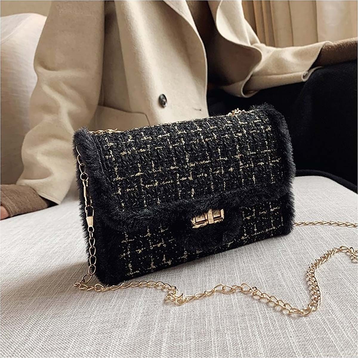 New women s slanted small square fur chain designer shoulder bag elegant women s handbag trendy bag bag