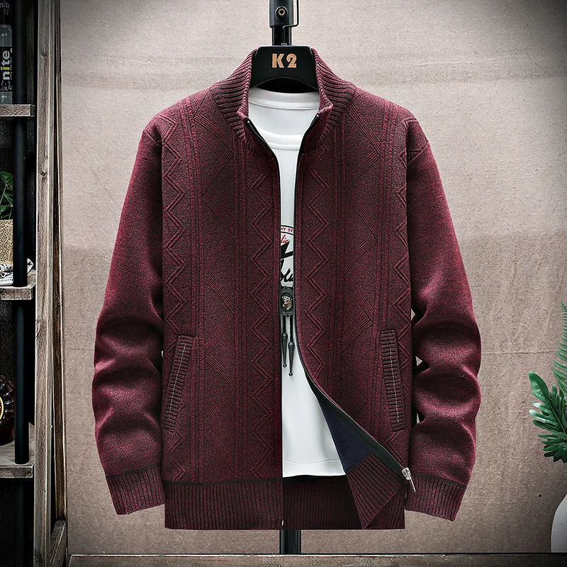 Autumn Korean style stand up collar mens sweater thick velvet mens cardigan sweater jacket mens solid color 241205