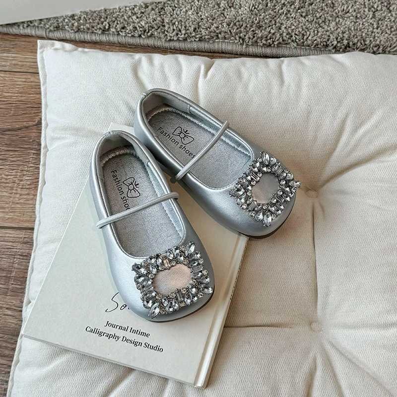 2-14Y Loafer Shoes for Girls Child Ballerina Flats Kids Diamond Mary Janes Par Dress Shoes Princess Elegant Shoes Black SilverXJ241209