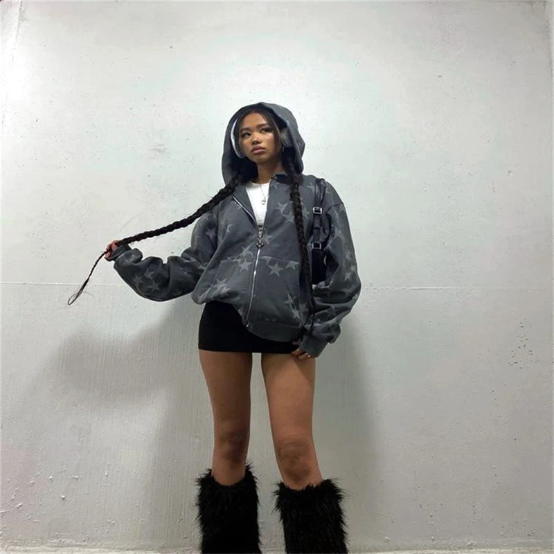 Y2K Womens Harajuku Star Printed Loose Sweatshirt Trouser Hip Hop Punk Long Sleeve Pocket Mens Top Sweatpants 241202