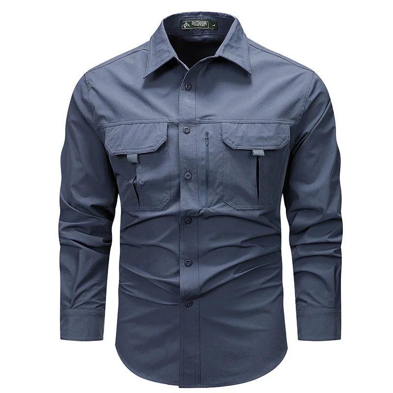 Spring and autumn mens shirt tactical work long sleeved top outdoor leisure multi pocket camping bike cargo 241209