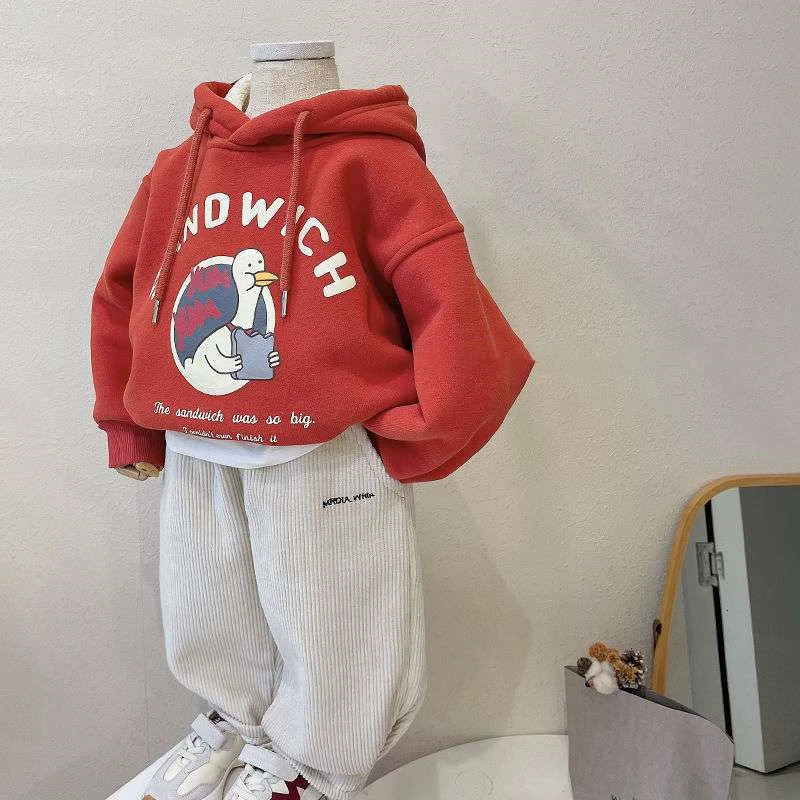 Boys hooded sweatshirt cotton top red warm thick velvet winter autumn toddler pulley baby chlorine 241210