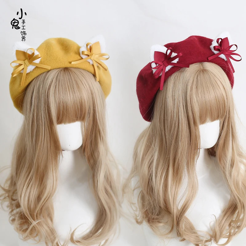 Japanese Lolita girl bow Cats ears Steamed cat-ear shaped bread lobule lovely Cats ears Steamed cat-ear shaped bread bud hat in autumn and winter 2412