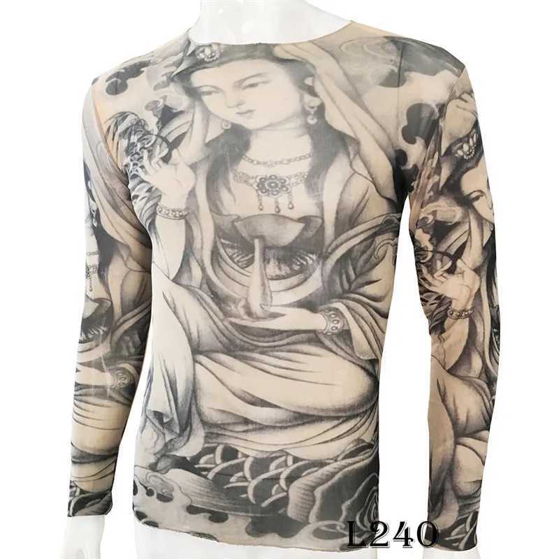 Interesting long sleeved fake tattoo T-shirt full print mens art shirt elastic slim fit pattern thin Halloween mens clothing W241210