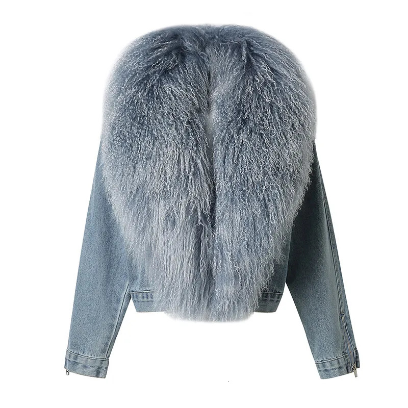 comer Fluffy Genuine Mongolian Fur Denim Jacket Womens Big Neck Natural Coat Fashion 241209