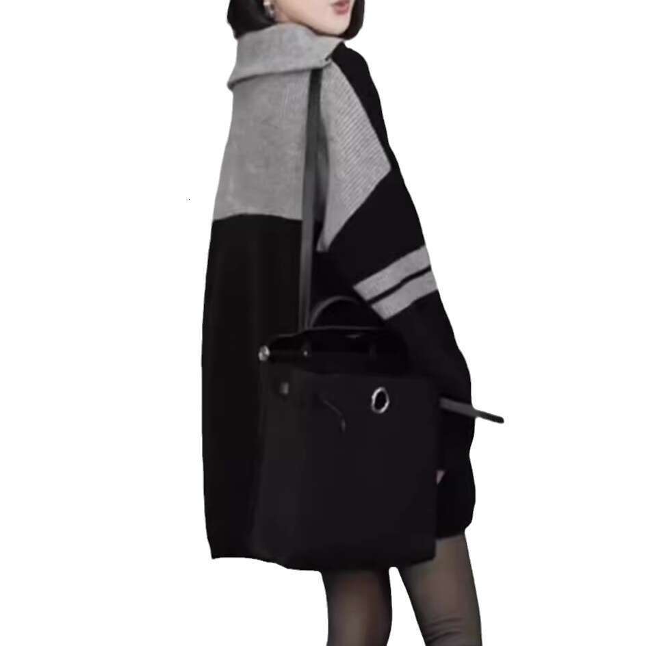 Polo collar striped sweater for women in winter, loose and lazy style design, zipper knit sweater, trendy women's top