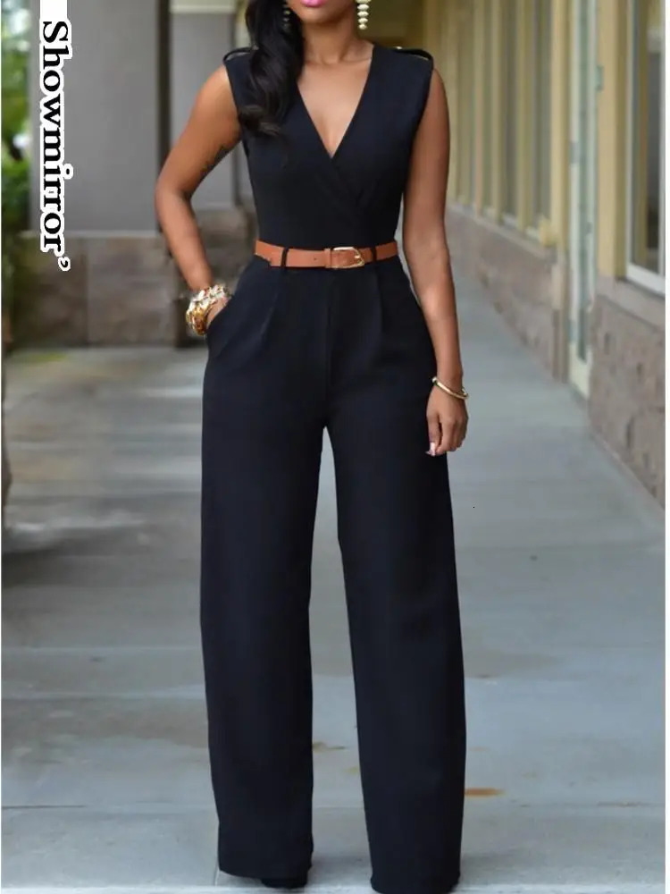 Womens long sportswear Vneck elegant outfit party club slim waist wide leg jumpsuit 241209
