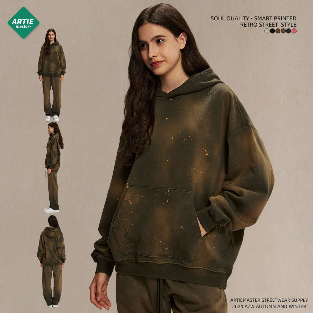 2024 Autumn/Winter New Product 450g Spray Dyeing Ink Piercing Old Street Trendy Brand Retro Men's Hoodie