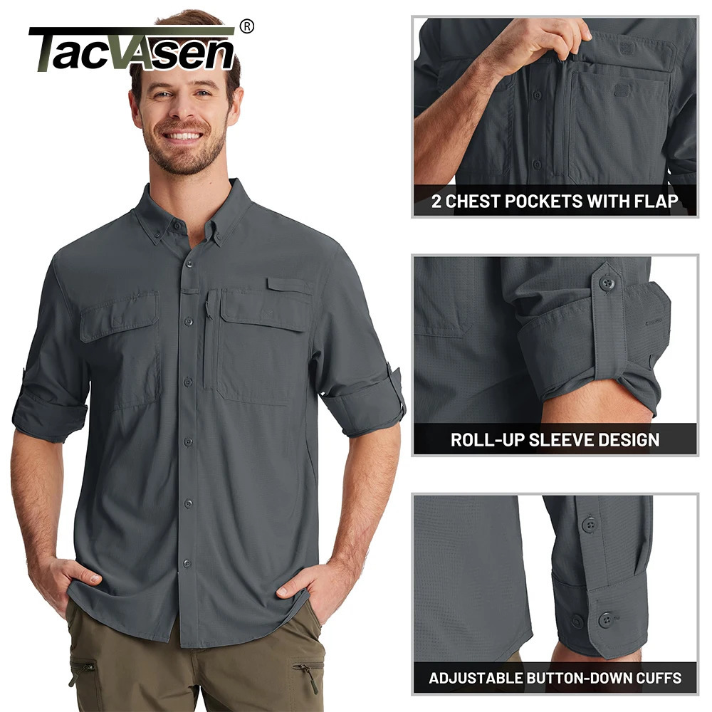 TACVASEN fishing gear mens quick drying long sleeved luggage mesh breathable hiking cargo shirt UPF 50sun protection 241209