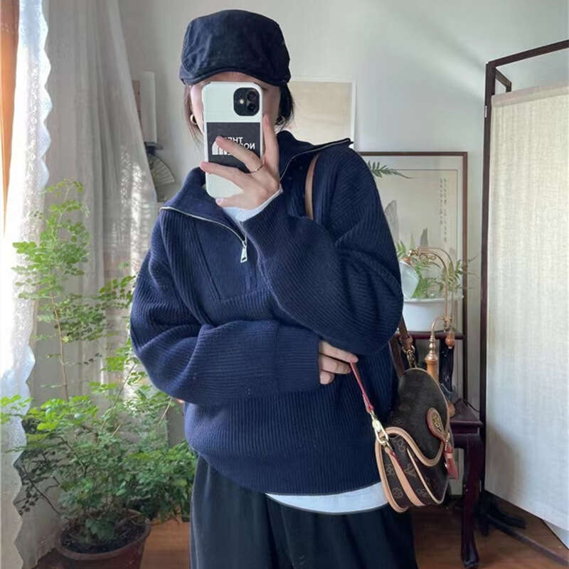 Half zipper stand up collar women's autumn winter new Korean version simple and lazy style loose casual pullover knitted sweater top