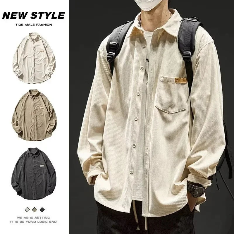Autumn long sleeved mens Corduroy shirt solid color Y2K retro goods Korean fashion loose streetwear 241209
