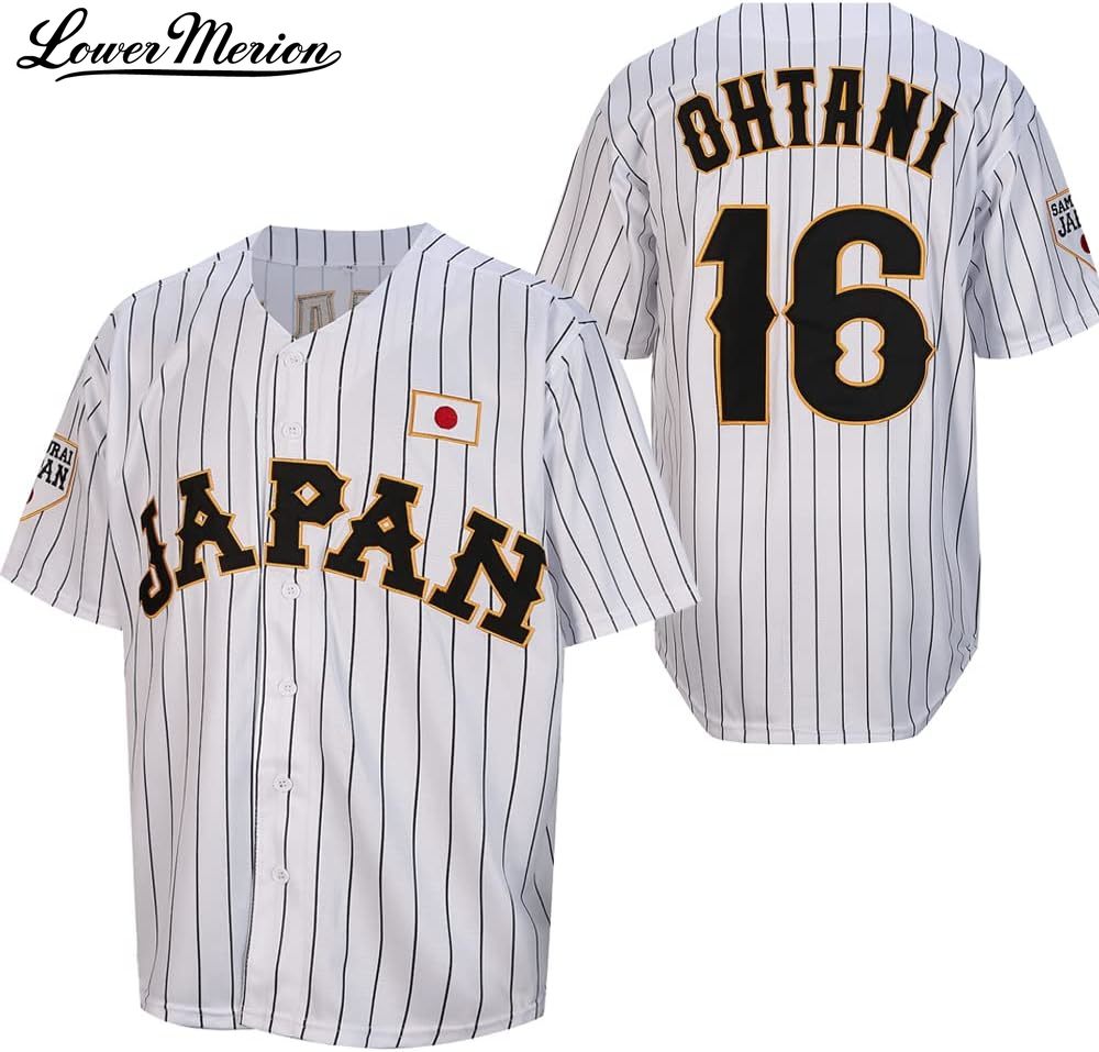 Mens Ohtani 16 ed Japan Baseball Jerseys White Black Pinstriped Shirts Free shipping