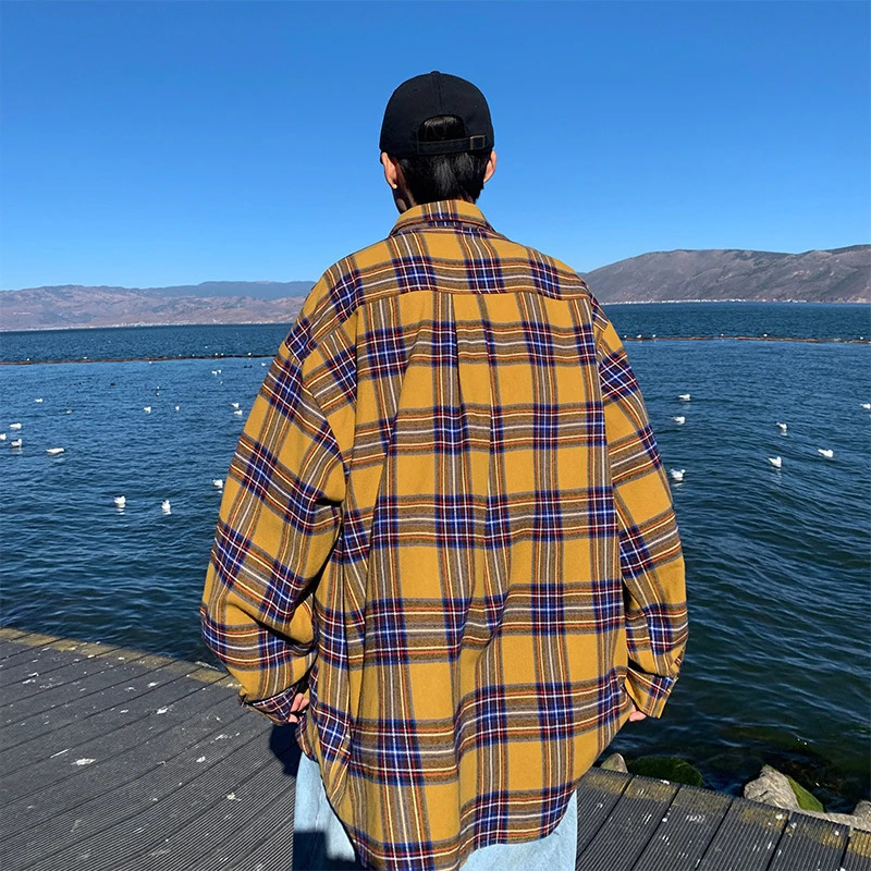 Korean fashion plain weave mens long sleeved autumn high street Y2K retro top 2023 casual bag button Tshirt 241209