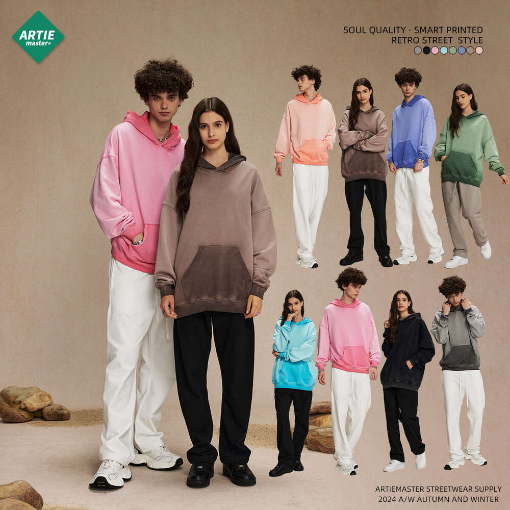 2024 autumn and winter new product 430g reverse bottom stir fried color distressed hooded sweatshirt trendy brand thin washed water men's hoodie