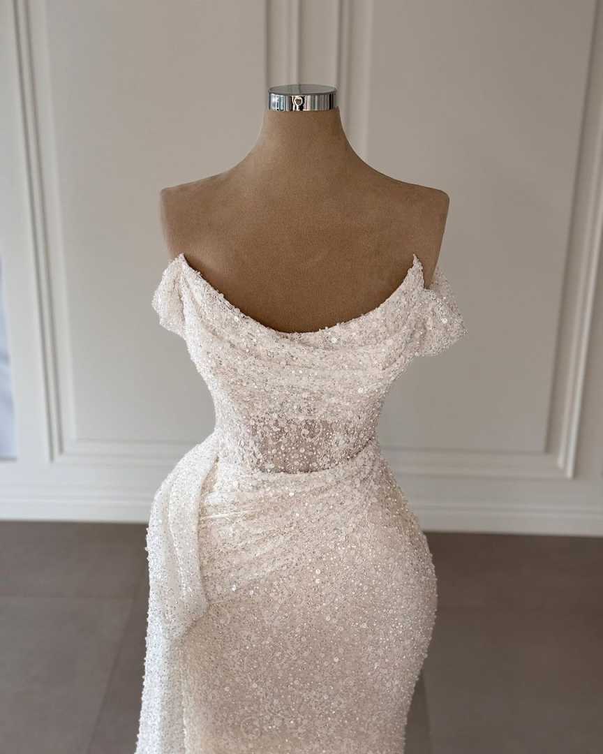 Simple Sequins Wedding Dress Mermaid Off Shoulder Bride Robe Sleeveless Sweep Train Bridal Gown Custom Made Vestido De Novia