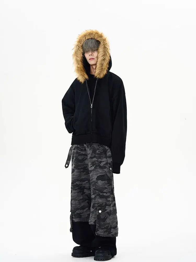 Autumn and winter vintage fur collar hoodie Y2K casual trend zipper hoodie mens street hip-hop gothic punk Harajuku loose sportswear 241209 - view 7