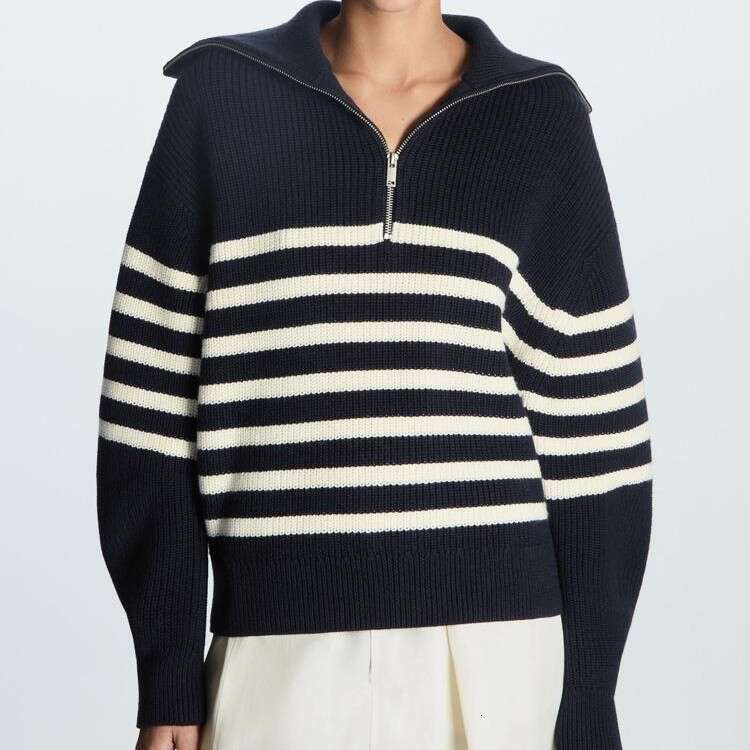 Autumn winter European and American women's clothing new open neck knitted retro striped loose commuting zipper big lapel pullover sweater