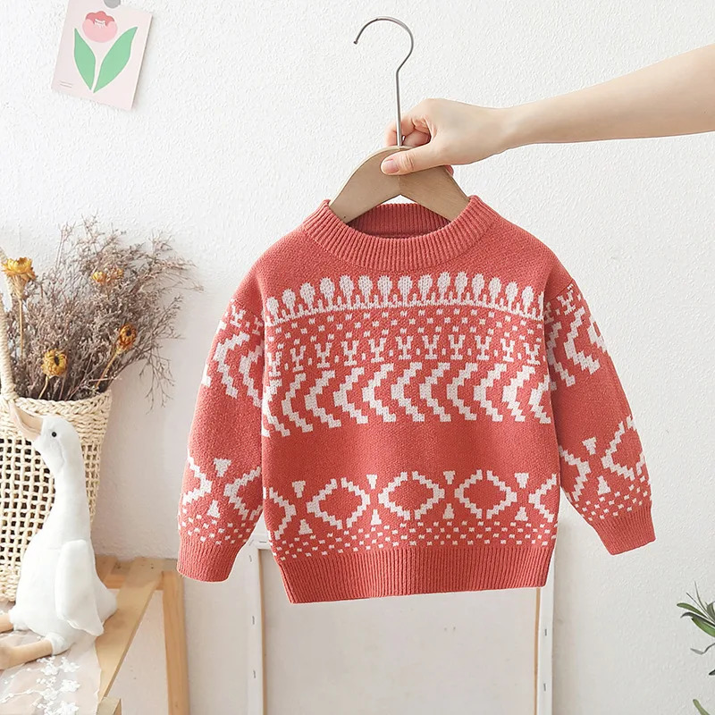 Autumn Winter Childrens Sweater Retro Baby Boy Knitwear Pull up Round Neck 2-8Y Childrens Boy Bottom Top 241210