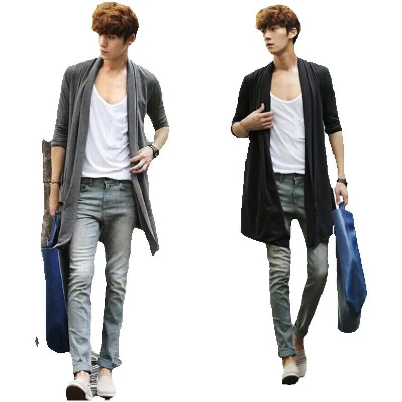 2024 Men The Long Thin Cardigan Korean Male Cloak Coat Non Mainstream 241202